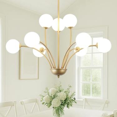 Imagem de MPDITO Lustre dourado moderno de 75,4 cm 9 luzes moderno vintage lustre dourado lustre de vidro rústico para sala de jantar, ilha de cozinha, quarto, sala de estar, hall de entrada, G9