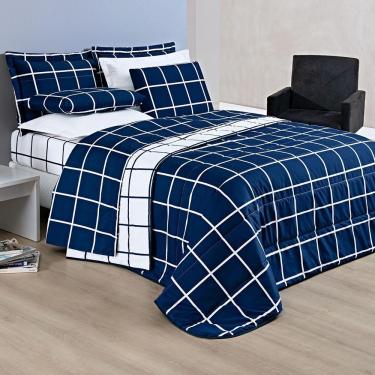 Imagem de Kit Cobre Leito Minimalista Queen 03 Peças Micropercal 200 Fios - Marinho Com Branco