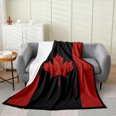Imagem de Cobertor infantil com bandeira canadense, folha de bordo, vermelho, preto, cobertor de cama para meninas, mulheres, bandeira canadense, cobertor de lã macia patriótica, tamanho solteiro (152 x 203 cm)