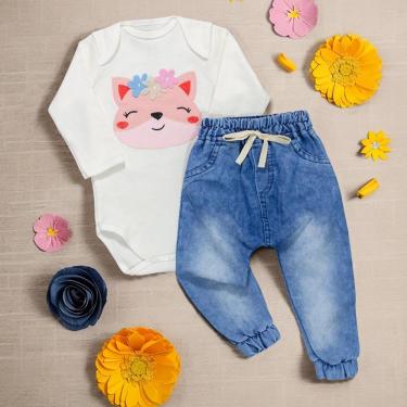 Imagem de Conjunto Para Bebê Body Bordado E Calça Jeans - Raposa Creme