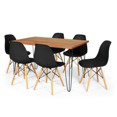 Imagem de Conjunto Mesa De Jantar Hairpin 130x80 Natural Com 6 Cadeiras Eames Eiffel - Preto