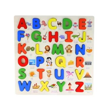 Imagem de Tabuleiro Alfabeto em Madeira Montessoriano Educativo Brinquedo Pedagógico para Crianças 26 Letras Coloridas com Palavras e Figuras Ilustrativas Bilíngue Português e Inglês