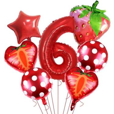 Imagem de Conjunto de balões para festa de 6 anos com tema de morango, 7 unidade