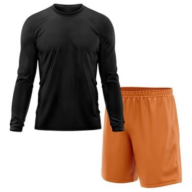 Imagem de Kit Calção Short Futebol Basquete Laranja + Manga Longa Masculina Segunda Pele Dry-Masculino