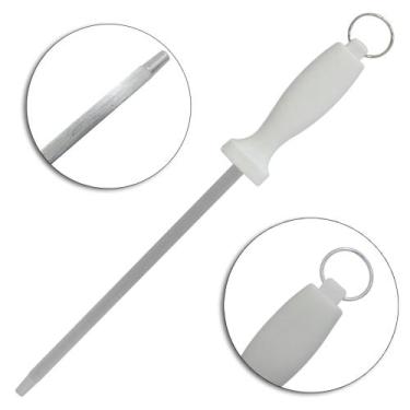 Imagem de Chaira de inox para afiar facas com cabo de inox branco para churrasco