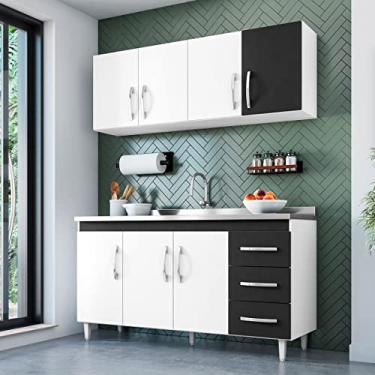 Imagem de Kit Balcão Isabel com Pia e Armário Aéreo 4 Portas 160cm Branco/Preto - Amarena Móveis