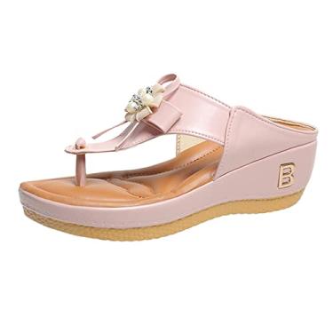 Imagem de Sandálias femininas anabela sandálias femininas sapatos confortáveis chinelos femininos com suporte de arco casual verão, rosa, 8.5