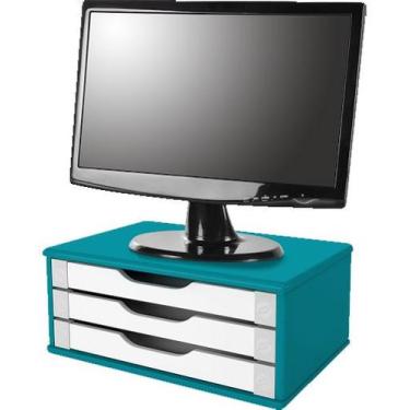 Imagem de Suporte Para Monitor De Mesa Em Mdf Azul Com 3 Gavetas Brancas Souza R