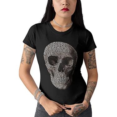 Imagem de Camiseta Feminina Caveira Skull Escritas do Rock Baby Look Tamanho:P;Cor:Preto