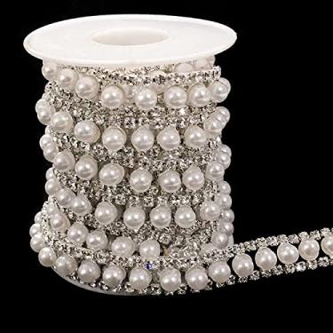 Imagem de FQTANJU Corrente de strass de cristal de 1 jarda com 2 fileiras de corrente de cristal incrustada com diamantes de pérola branca com aplique de strass para roupas de bricolagem, decorações de casamento e enfeites de noiva