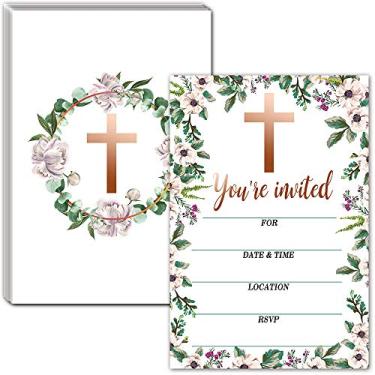 Imagem de Convites de celebração religiosa com envelopes – Convites estilo moldura floral para batismo, confirmação, batismo, primeira comunhão – 30 cartões com envelopes