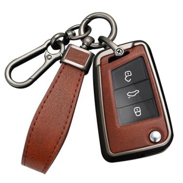 Imagem de HIBEYO Capa de chave para VW Golf 7 Capa de chave de carro para Volkswagen Polo Tiguan MK7 Sagitar T-ROC Lavida acessórios com chaveiros liga PU material de couro protetor porta-chaves - preto marrom