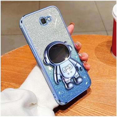 Imagem de Capa para Galaxy J7 Prime capinha macia de material transparente com revestimento brilhante de luxo, suporte dobrável de astronauta adequado para capa de telefone para meninas - Azul