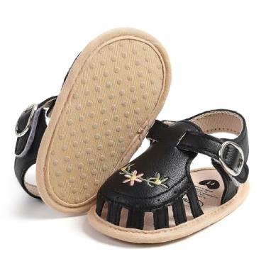 Imagem de Myleleya Sandálias para bebês meninos meninas verão vestido de casamento sapatos rasos sapatos de berço recém-nascido sapatos primeiros andadores sapatos pré-andadores, A05 Preto, 0-6 Meses