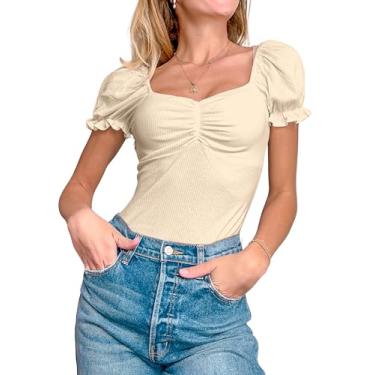 Imagem de MINT PLUS PINK Blusa feminina de verão com gola quadrada bufante manga curta canelada, Arena, M