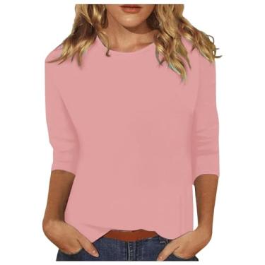 Imagem de Camisetas femininas de manga 3/4 de comprimento casual, gola redonda, túnica, camisetas básicas, blusas soltas, pulôver, Ofertas relâmpago rosa, G
