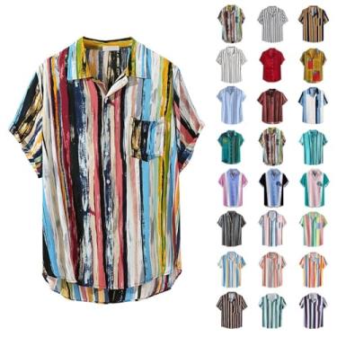 Imagem de Aniywn Camiseta masculina de manga curta listrada com botões na praia, férias, verão, tropical, camisa havaiana, blusa masculina casual para trabalho, A1 - multicolorido, G