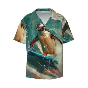 Imagem de IYOVI Camisa masculina havaiana com estampa labrador Retrie de manga curta com botões, camisa de praia de verão, Penguin Surfing Wave, P