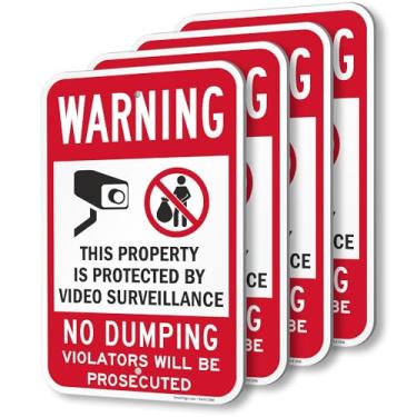 Imagem de SmartSign (Pacote com 4) Placa "Aviso - Sem Dumping, Propriedade Protegida por Vigilância por Vídeo", 120 mm Composto de Alumínio (ACM), Material Refletivo de Grau de Engenheiro, Vermelho, Branco e