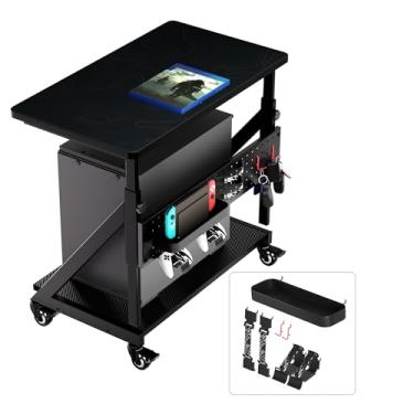 Imagem de JWX Suporte de torre de computador para jogos, mesa lateral e mesa lateral com ajuste de altura em 5 degraus com organizador elétrico, estojo de 2 camadas, suporte para CPU e carrinho de presente com