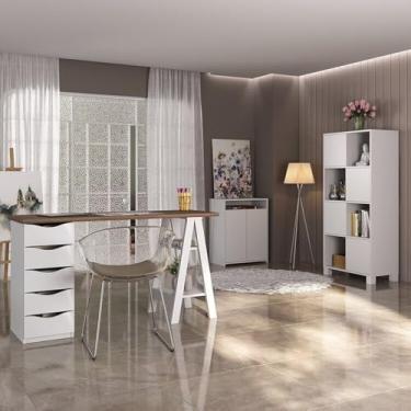 Imagem de Kit 3 Peças com Escrivaninha Moderna com Pés de Cavalete, Armário com Nichos e Balcão 2 Portas Nogal/Branco