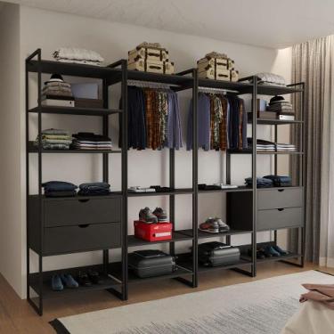 Imagem de Closet Industrial Casal Completo Loft Preto 4 Módulos Cabideiro com Ga