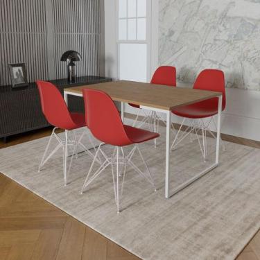 Imagem de Mesa Industrial Base Ferro Branco 137x90 Tampo Amêndoa 4 Cadeiras Eiff