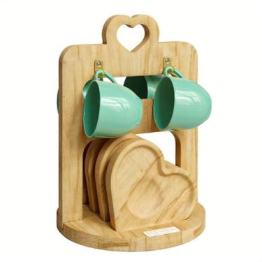 Imagem de Jogo Xicara Café Verde Porcelana com Pires e Suporte Madeira - Mundo d