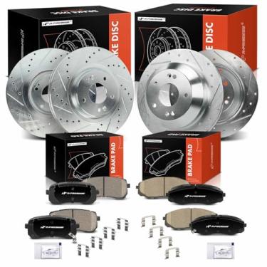 Imagem de A-Premium Rotores de freio a disco perfurados e ranhurados dianteiros e traseiros + kit de pastilhas de cerâmica compatível com modelos selecionados da Kia - Sedona 2015 2016 2017 2018 2019, 3,3L,