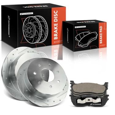 Imagem de A-Premium 13,15 pol. (334 mm) Rotores de freio a disco perfurado e ranhurado + kit de pastilhas de cerâmica compatível com modelos selecionados Ford - F-150 F150 2000-2003, F-150 Heritage 2004, F-250