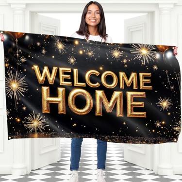 Imagem de Faixa Welcome Home - Banner Welcome Back - Decorações de boas-vindas - 1,5 m x 0,9 m com imagem do balão Welcome Home - Banner We Missed You So Much - Costura dupla (preto e dourado)