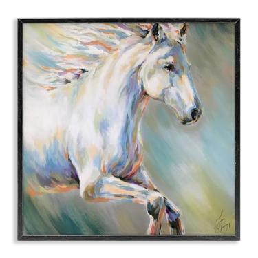 Imagem de Stupell Industries Design de arte giclée emoldurado com cavalo branco flora correndo preto por Linda Sperruzzi, 61 x 61 cm