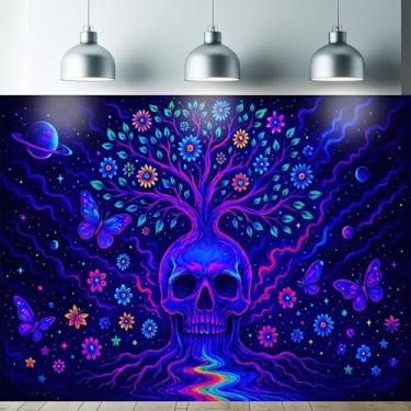 Imagem de Starlit Patio Tapeçaria de árvore de caveira com luz negra UV psicodélica reativa borboletas flores galáxia para quarto dormitório sala de estar decoração espiritual fluorescente triplo pôster 192 x