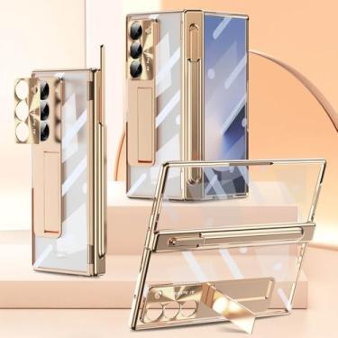 Imagem de Capa protetora de tela inteira com dobradiça transparente e magnética para Samsung Galaxy Z Fold 6 5 4 3 5G com caneta, dourada, para Galaxy Z Fold 5