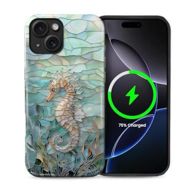 Imagem de Punmada Capa para iPhone 14 para MagSafe, capa rígida híbrida à prova de choque de silicone protetora de corpo inteiro brilhante para iPhone 14 vidro submarino padrão de cavalo marinho 3D