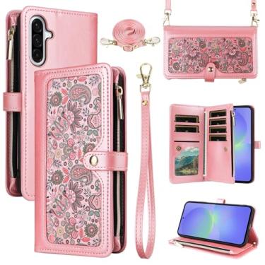 Imagem de Dswteny Capa carteira floral para Samsung Galaxy A56 5G com alça de pulso, alça de ombro, bolsa com zíper, couro PU, suporte para cartão de crédito, acessórios, capa de celular para A 56 56A LTE