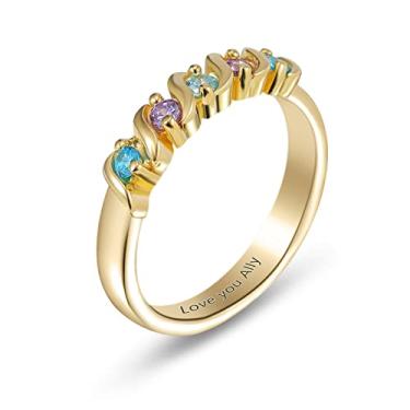 Imagem de Laleonpame Anel de empilhamento personalizado com 2/3/4/5/6 pedras do mês de nascimento, anéis para mãe e filha, nome gravado, vovó, joias para a família para mulheres, Pedra, Zircônia cúbica