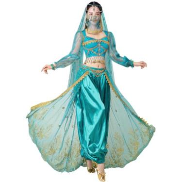 Imagem de yrsZX Fantasia feminina de jasmim, fantasia de fada de princesa árabe, cosplay de Halloween, fantasia de dança do ventre, 05 azul e verde, P