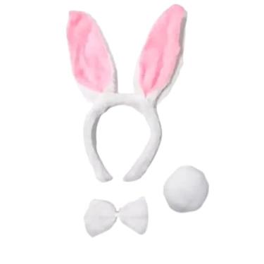 Imagem de Kit Tiara Orelha De Coelho Coelha Pelucia Gravata E Rabinho Infantil (Branco c/Rosa)