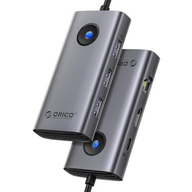Imagem de ORICO Estação de ancoragem USB C 6 em 1 com HDMI 4K, Ethernet 1G, 3 portas USB-A 3.0 (5 Gbps), carregamento PD de 100 W, adaptador multiportas para Windows, Mac