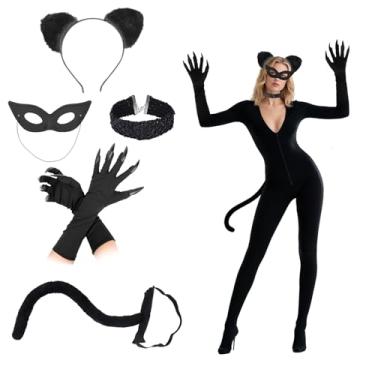 Imagem de 5 Peças Fantasia Mulher Gato, Acessórios para Fantasia Halloween com Máscara Gato Preto Orelhas Rabo Luvas e Colar para Cosplay Adulto Festa de Máscaras