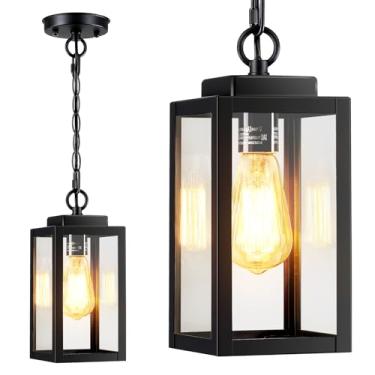 Imagem de Luminária pendente externa de 28 cm, lustre externo moderno, lanterna para pendurar ao ar livre, preto fosco com vidro transparente, luminária pendente externa para varanda, quintal, gazebo, 1 pacote