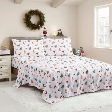Imagem de Lençóis de Natal tamanho casal com tiras embutidas – Roupa de cama aconchegante de Natal para alegria de férias e sonhos de inverno – Sono macio e confortável para celebrações sazonais, biscoitos de