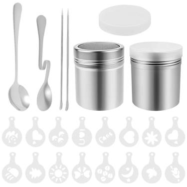 Imagem de Conjuntos de coqueteleira em pó com tampa e malha, estênceis de decoração de café, modelo de arte latte, ferramenta de molde de café com 16 estênceis de biscoito, 2 canetas de arte de café latte, 2