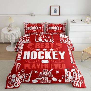 Imagem de Erosebridal Conjunto de edredom motivacional de hóquei, jogos de bola de hóquei no gelo, para meninos, homens, namorado, jogos, esportes de inverno, vermelho, branco, 3 peças