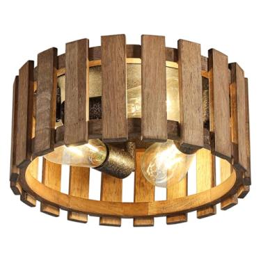 Imagem de Luminária rústica de montagem embutida de 3 luzes, 30 cm de madeira de fazenda tambor redondo semi embutida luminária de teto para corredor, quarto, cozinha, entrada, marrom