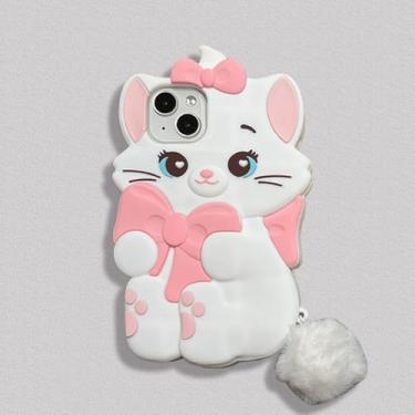 Imagem de Capa de silicone macio Marie Cat com cauda fofa para gatinho de maçã cor branca laço rosa bola de pelúcia quente desenho animado 3D anime fofo adorável adorável meninas crianças (para iPhone 17 Pro