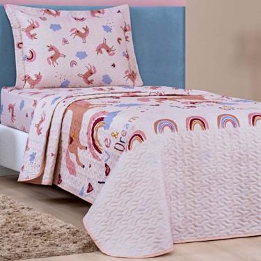 Imagem de Kit Colcha Solteiro Infantil Fantasy Dupla Face Microfibra 2 Peças - Unicórnio