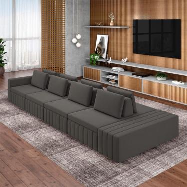 Imagem de Sofá Ilha com Encosto e Almofadas Móveis Olimpo 425cm Modulado Veludo Grafite G45 - Gran Belo