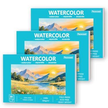 Imagem de Pacocoast Papel aquarela a granel, 14 x 21,6 cm, pacote com 3 (90 folhas), (300 g), papel de desenho aquarela de artista para crianças e adultos, bloco de aquarela para tinta, lápis, pastel, giz de
